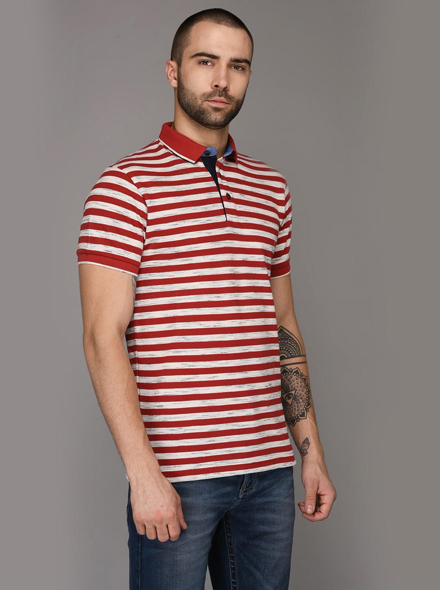 Cherry Red & Off-White Striped Slim Fit Polo T-Shirt | JB Sport