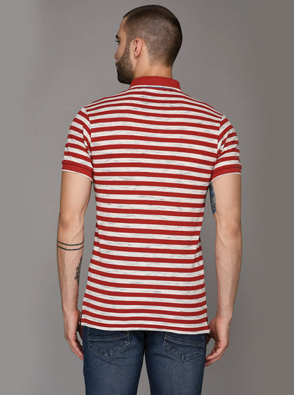 Cherry Red & Off-White Striped Slim Fit Polo T-Shirt | JB Sport
