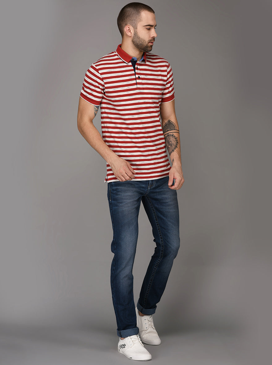 Cherry Red & Off-White Striped Slim Fit Polo T-Shirt | JB Sport