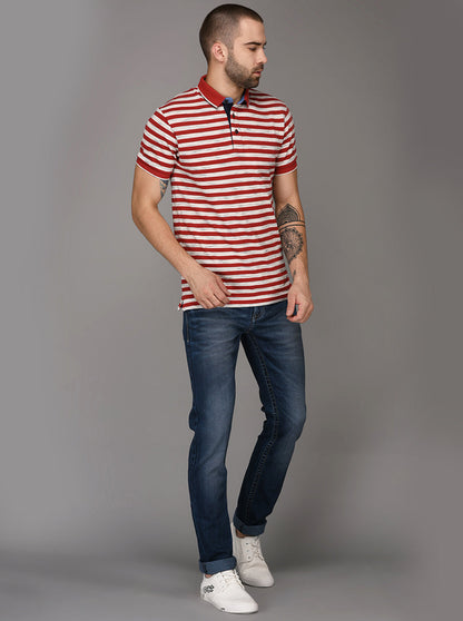 Cherry Red & Off-White Striped Slim Fit Polo T-Shirt | JB Sport
