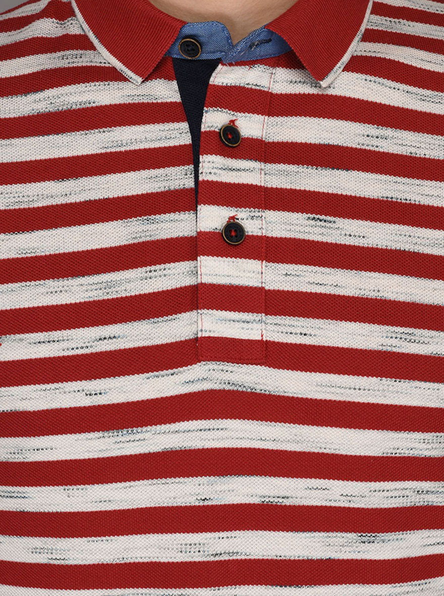 Cherry Red & Off-White Striped Slim Fit Polo T-Shirt | JB Sport