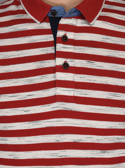 Cherry Red & Off-White Striped Slim Fit Polo T-Shirt | JB Sport