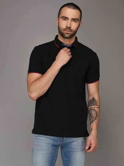 Gun Powder Black Self Textured Slim Fit Polo T-Shirt | JB Sport