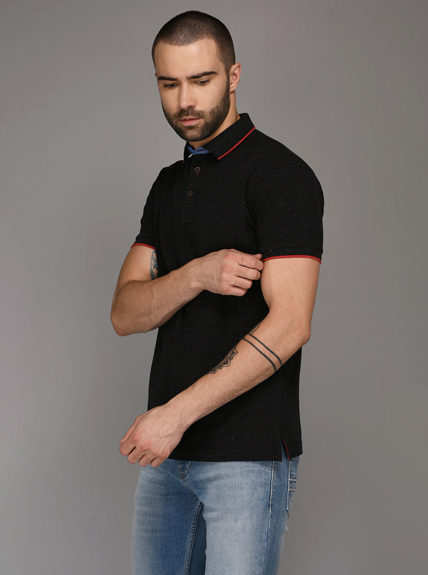 Gun Powder Black Self Textured Slim Fit Polo T-Shirt | JB Sport