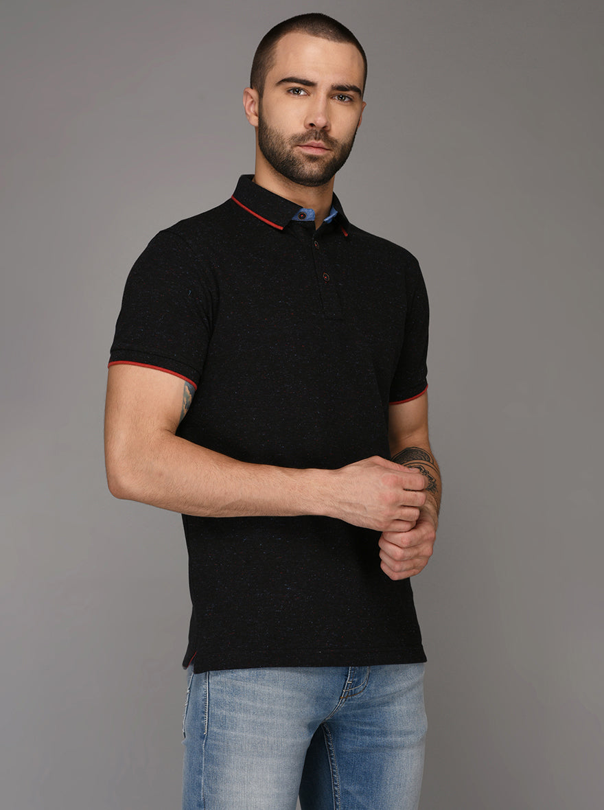 Gun Powder Black Self Textured Slim Fit Polo T-Shirt | JB Sport
