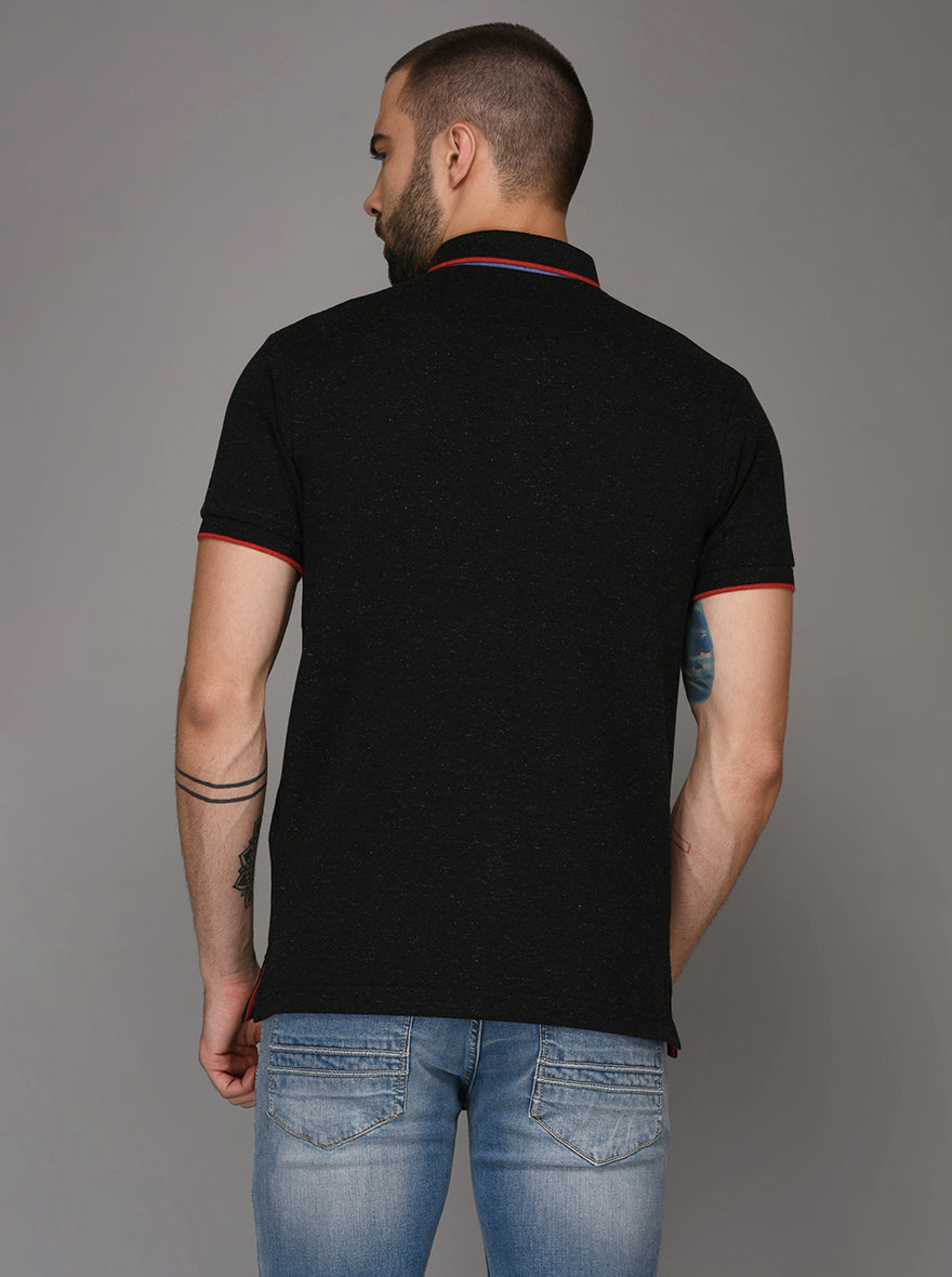 Gun Powder Black Self Textured Slim Fit Polo T-Shirt | JB Sport