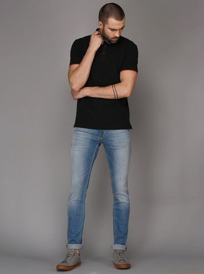 Gun Powder Black Self Textured Slim Fit Polo T-Shirt | JB Sport