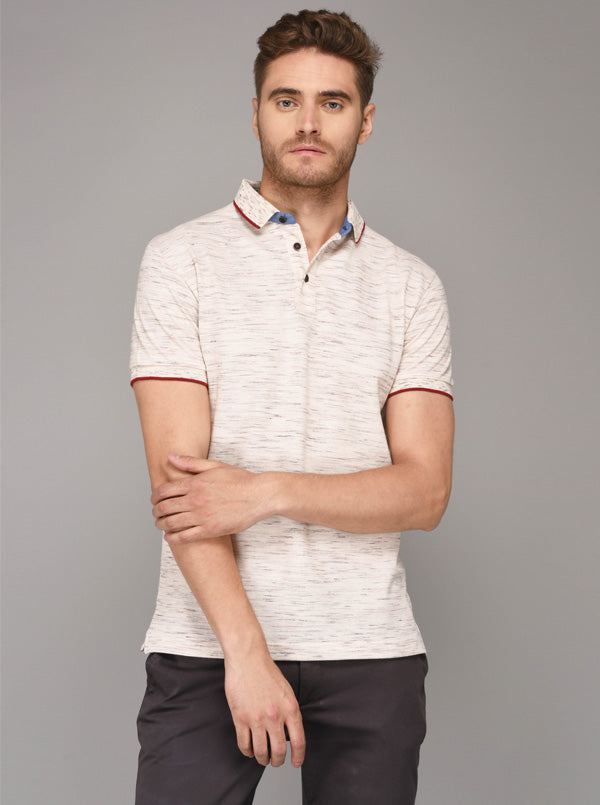 Beige Self Textured Slim Fit Polo T-Shirt | JB Sport