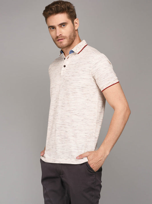 Beige Self Textured Slim Fit Polo T-Shirt | JB Sport