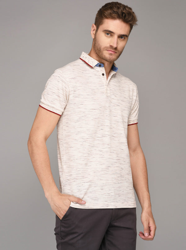 Beige Self Textured Slim Fit Polo T-Shirt | JB Sport