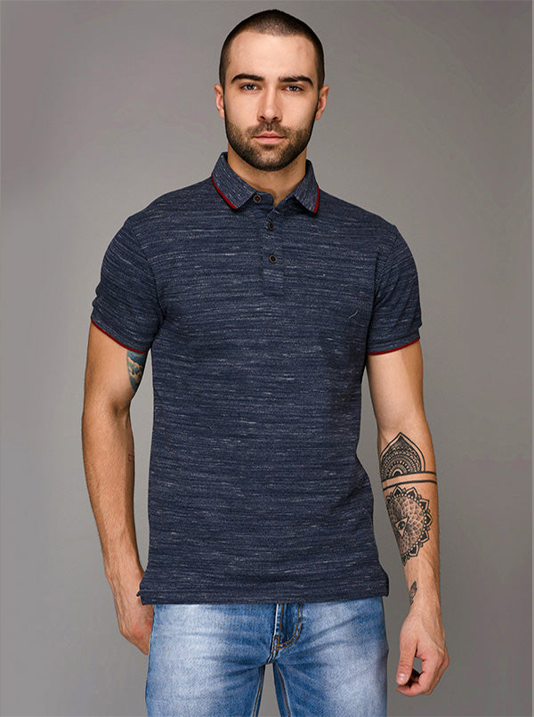 Blue Self Textured Slim Fit Polo T-Shirt | JB Sport