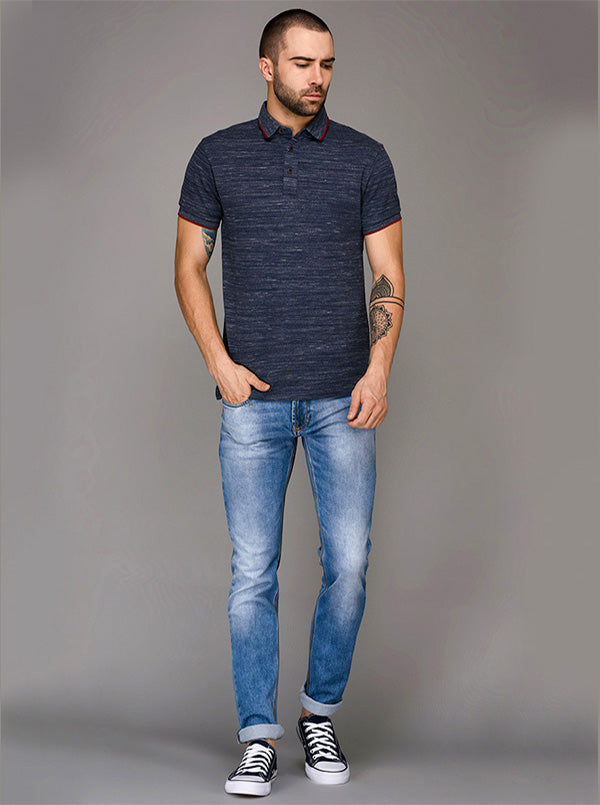 Blue Self Textured Slim Fit Polo T-Shirt | JB Sport