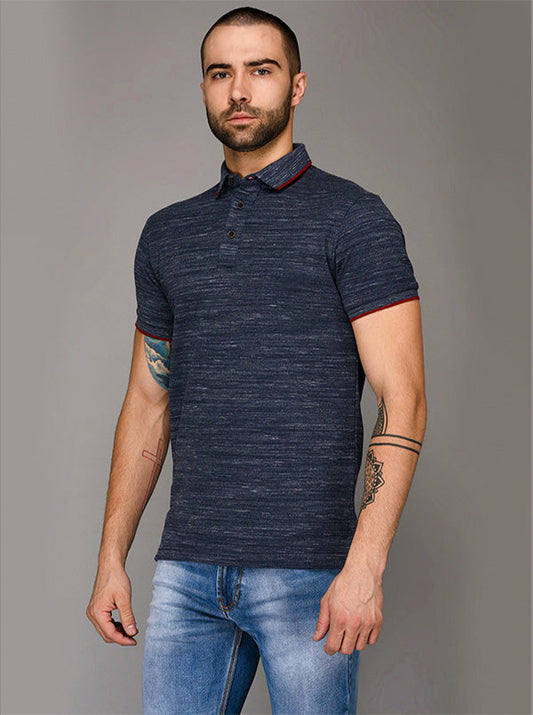 Blue Self Textured Slim Fit Polo T-Shirt | JB Sport