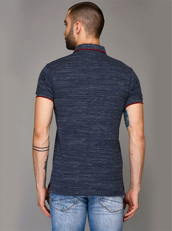 Blue Self Textured Slim Fit Polo T-Shirt | JB Sport