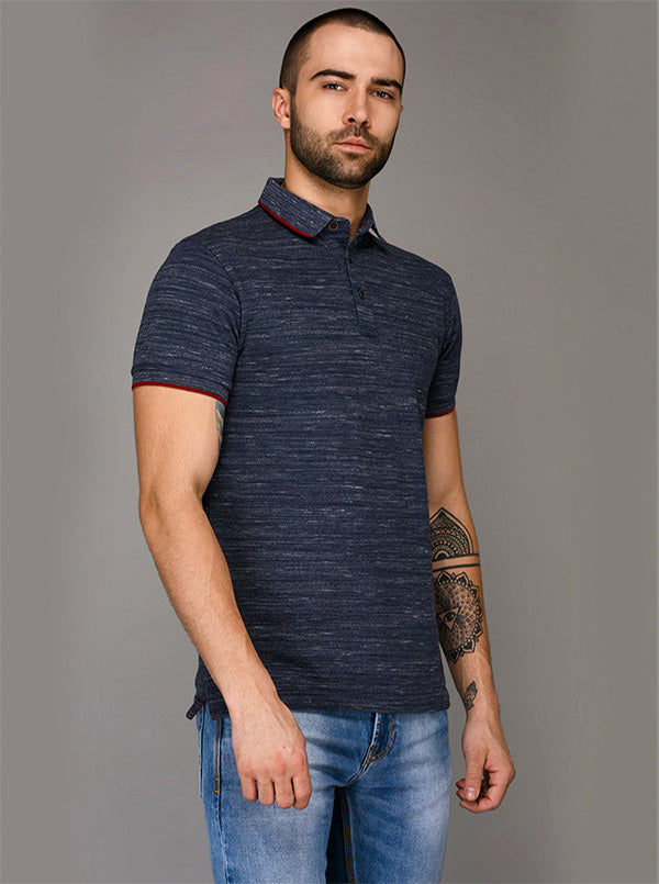 Blue Self Textured Slim Fit Polo T-Shirt | JB Sport