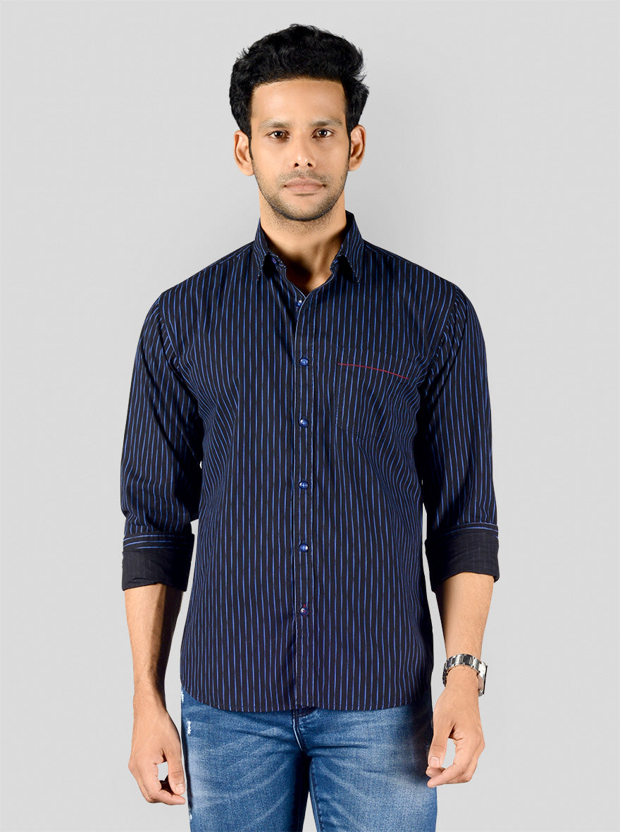 Night Blue Striped Slim Fit Casual Shirt | Greenfibre