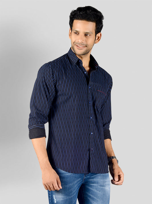 Night Blue Striped Slim Fit Casual Shirt | Greenfibre