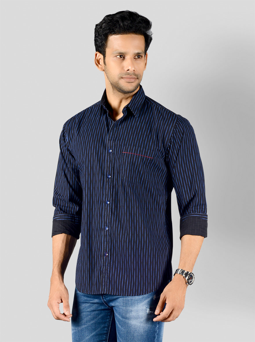 Night Blue Striped Slim Fit Casual Shirt | Greenfibre