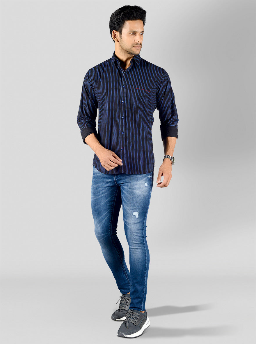 Night Blue Striped Slim Fit Casual Shirt | Greenfibre