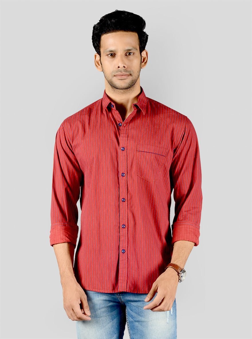 Jester Red Striped Slim Fit Casual Shirt | Greenfibre