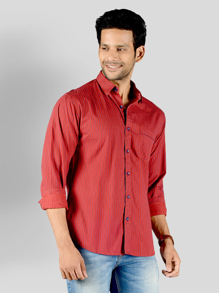 Jester Red Striped Slim Fit Casual Shirt | Greenfibre