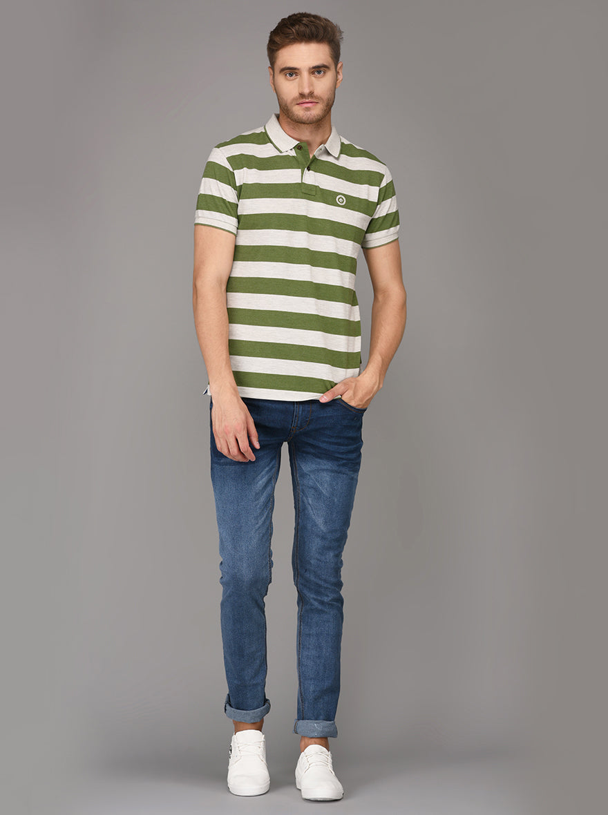 Greenfibre Dark Green & Grey Striped Slim Fit Polo T-Shirt