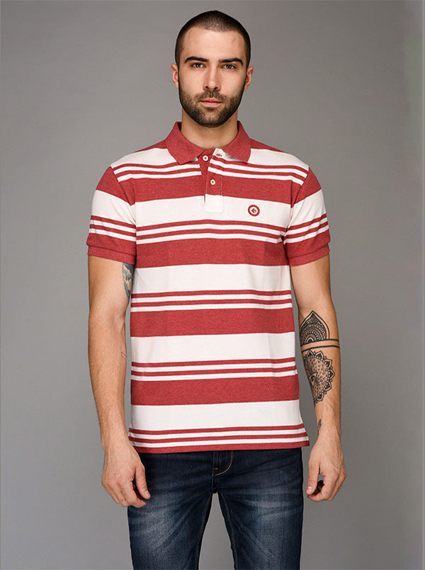 Greenfibre White & Red Striped Slim Fit Polo T-Shirt