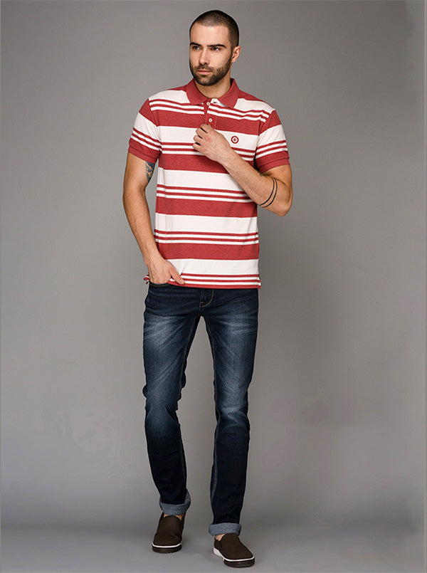 Greenfibre White & Red Striped Slim Fit Polo T-Shirt