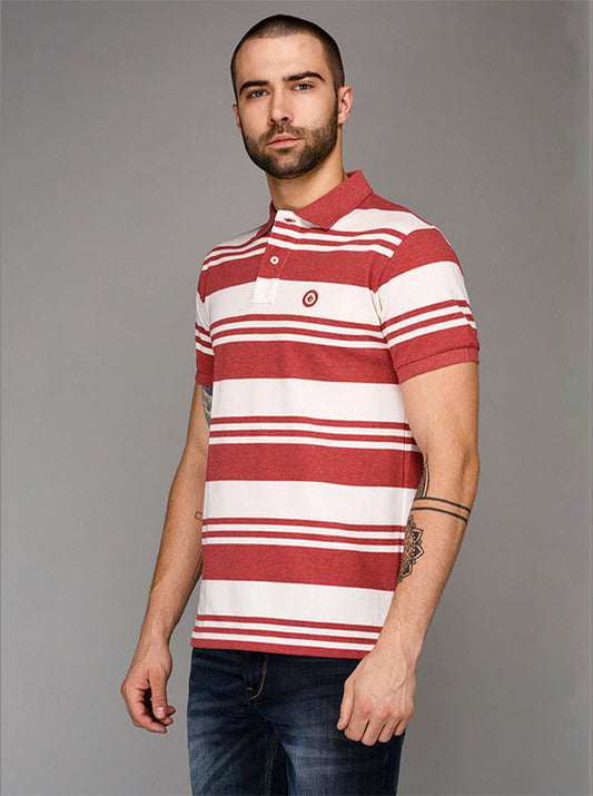 Greenfibre White & Red Striped Slim Fit Polo T-Shirt