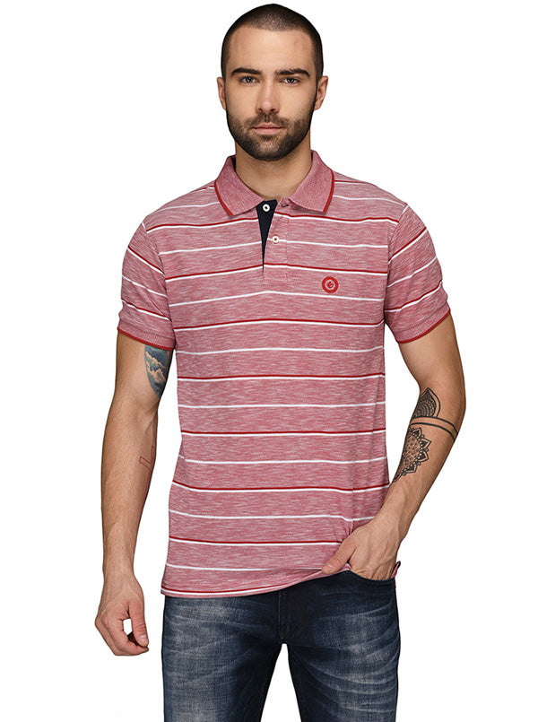 Greenfibre Light Red & White Striped Slim Fit Polo T-Shirt