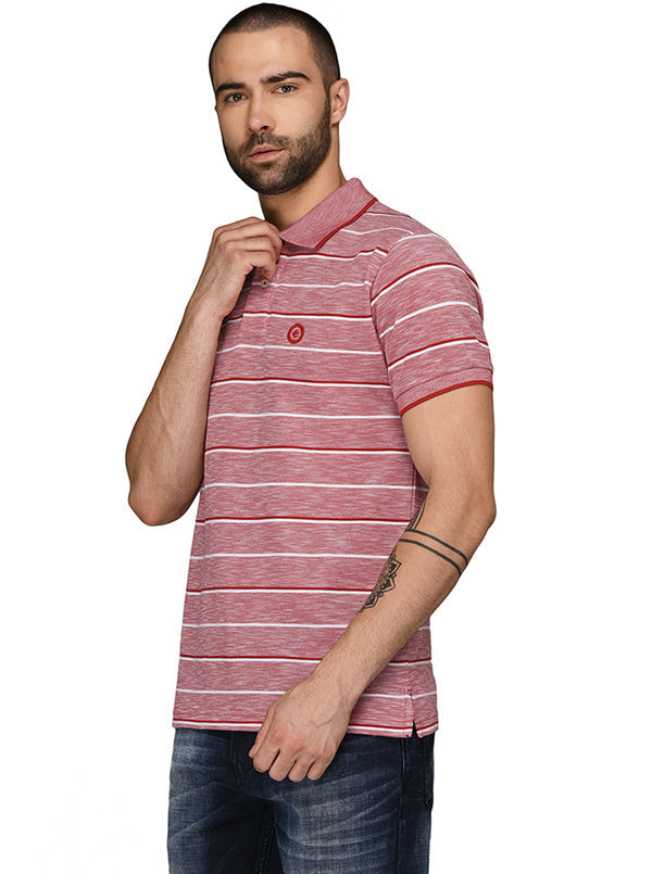 Greenfibre Light Red & White Striped Slim Fit Polo T-Shirt