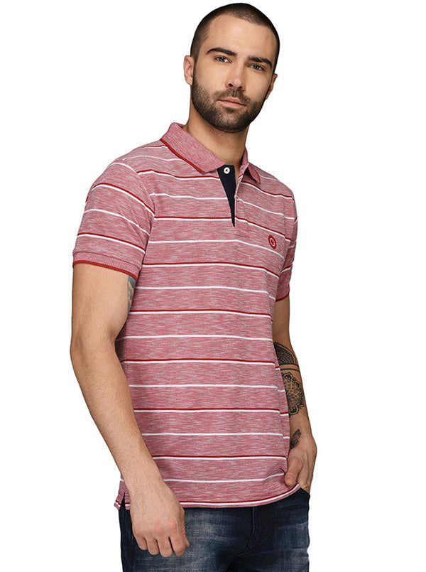 Greenfibre Light Red & White Striped Slim Fit Polo T-Shirt