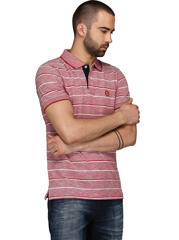 Greenfibre Light Red & White Striped Slim Fit Polo T-Shirt