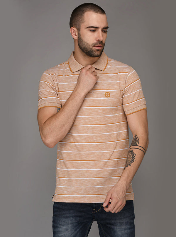 Greenfibre Mustard Yellow Striped Slim Fit Polo T-Shirt