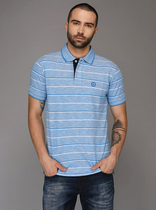 Greenfibre Malibu Blue & White Striped Slim Fit Polo T-Shirt