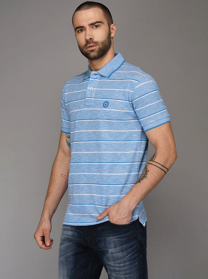 Greenfibre Malibu Blue & White Striped Slim Fit Polo T-Shirt