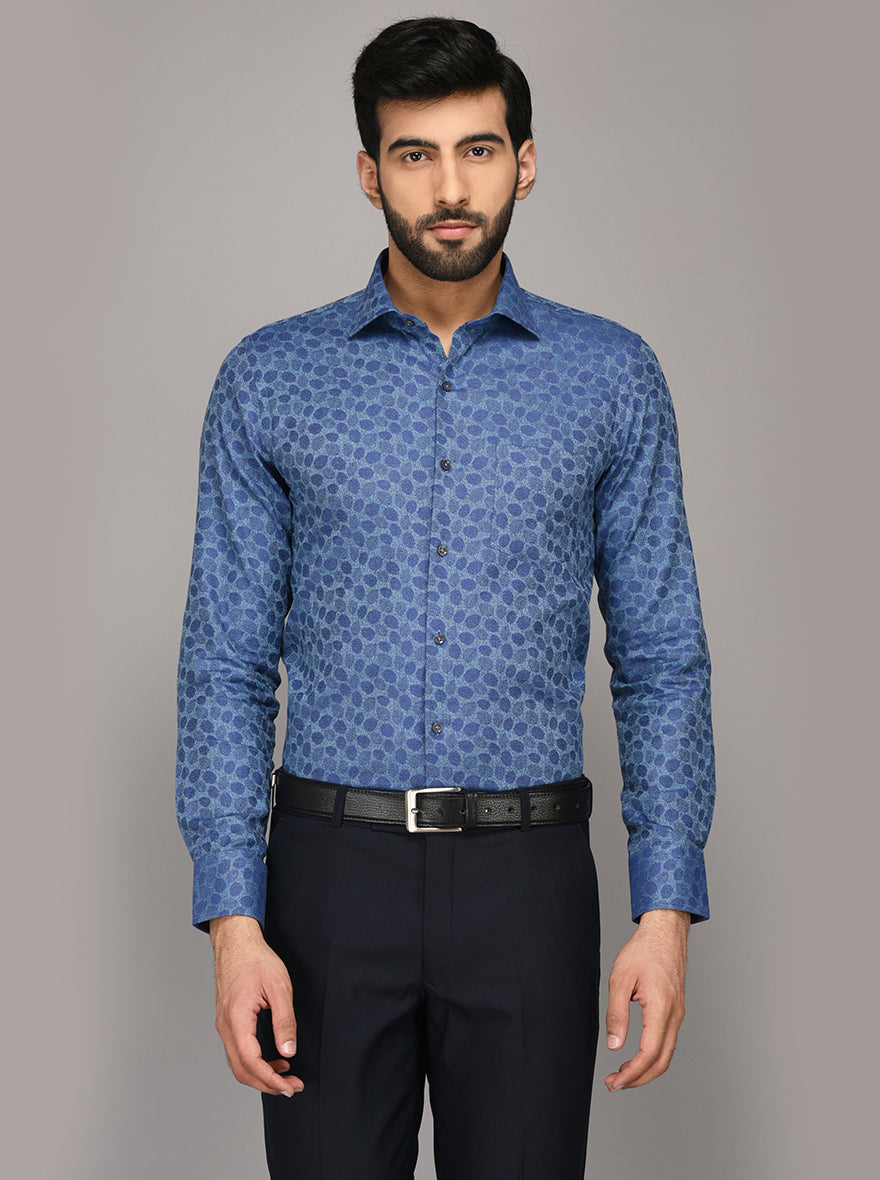 JB Studio Blue Printed Slim Fit Party Wear Shirt