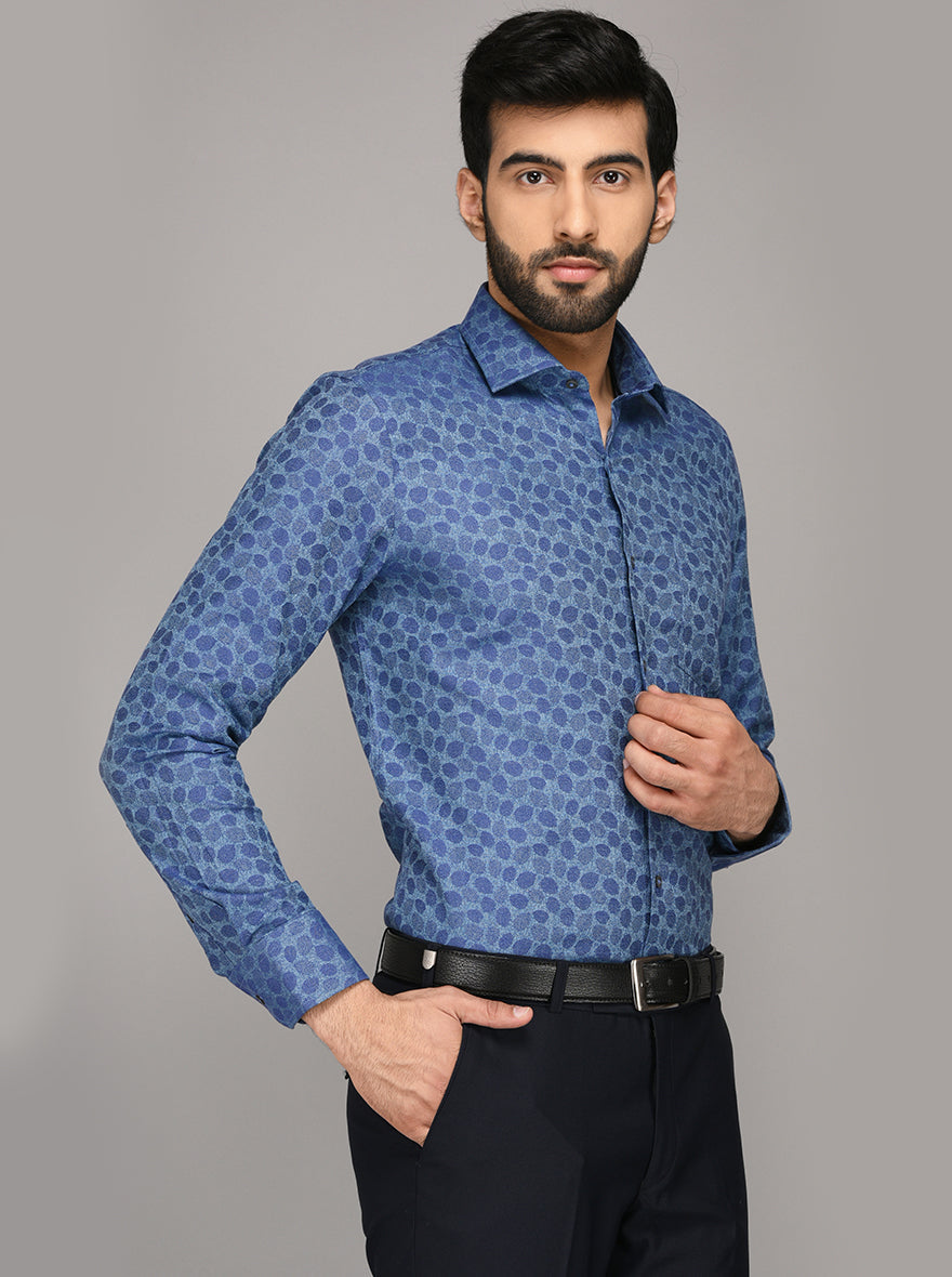 JB Studio Blue Printed Slim Fit Party Wear Shirt