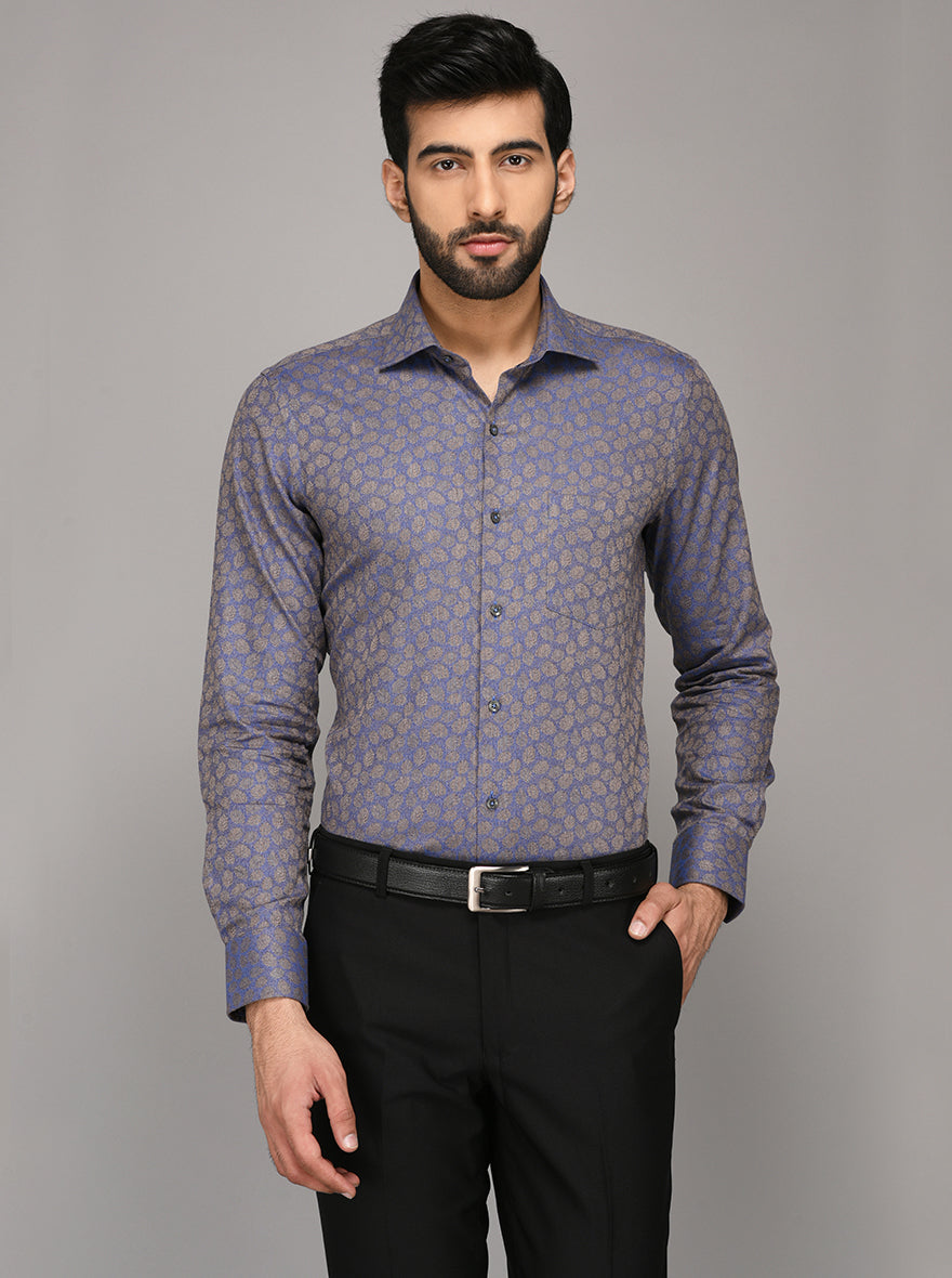 JB Studio Blue & Brown Printed Slim Fit Party Wear Shirt