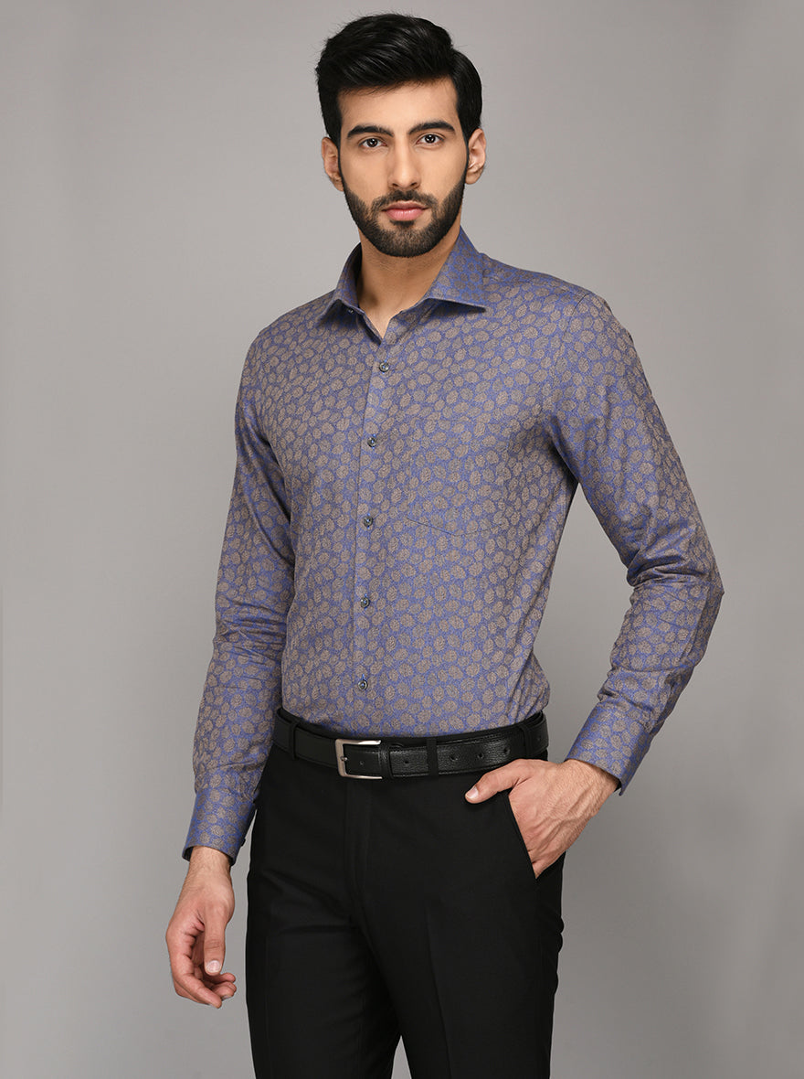 JB Studio Blue & Brown Printed Slim Fit Party Wear Shirt