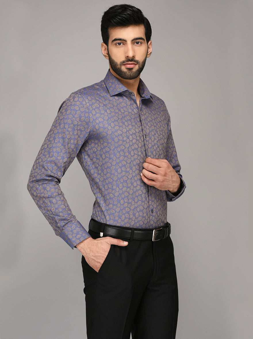 JB Studio Blue & Brown Printed Slim Fit Party Wear Shirt