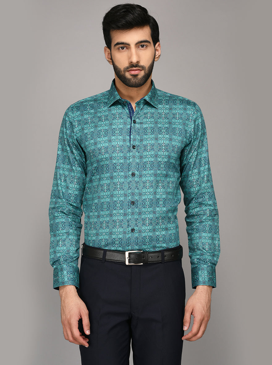 Wyre Fern Green Printed Slim Fit Evening Wear Shirt