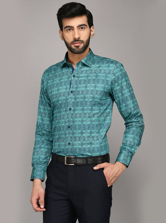 Wyre Fern Green Printed Slim Fit Evening Wear Shirt