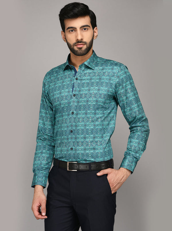 Wyre Fern Green Printed Slim Fit Evening Wear Shirt