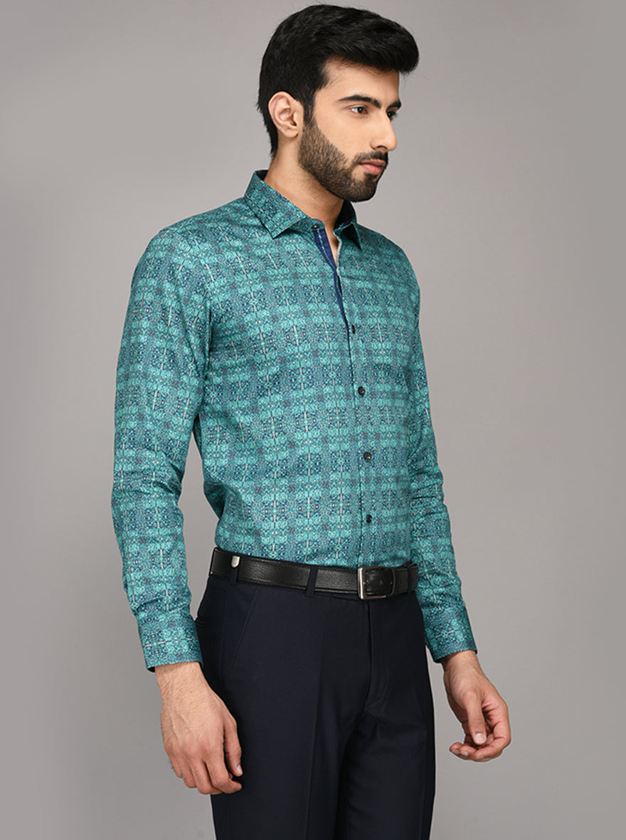 Wyre Fern Green Printed Slim Fit Evening Wear Shirt