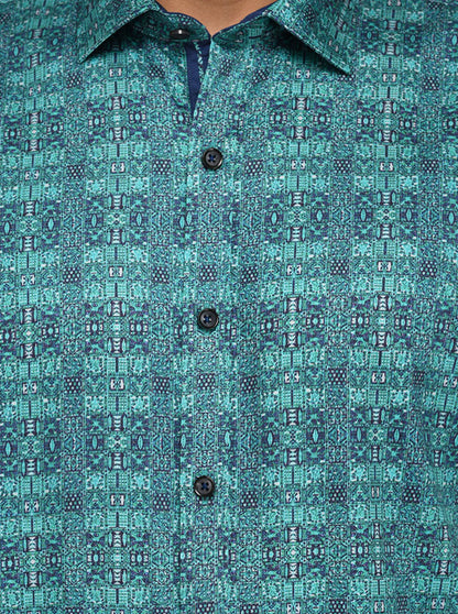 Wyre Fern Green Printed Slim Fit Evening Wear Shirt