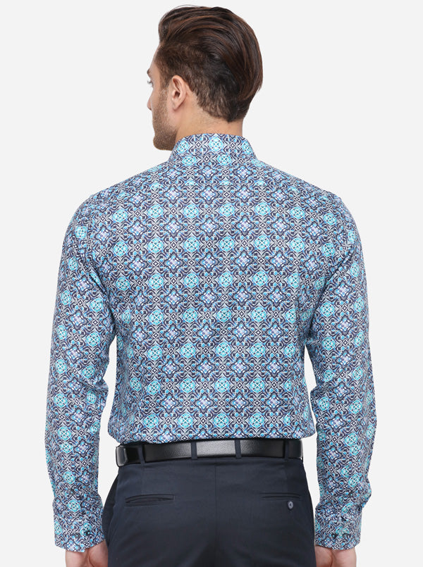 Sky Blue & Grey Printed Slim Fit Party Wear Shirt | Wyre