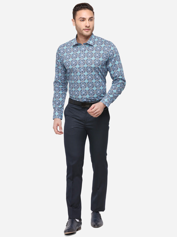 Sky Blue & Grey Printed Slim Fit Party Wear Shirt | Wyre