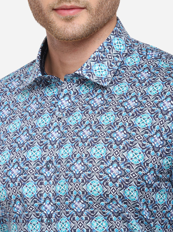 Sky Blue & Grey Printed Slim Fit Party Wear Shirt | Wyre