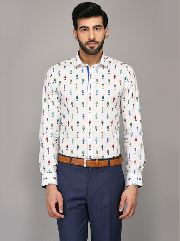 Wyre White Printed Slim Fit Evening Wear Shirt